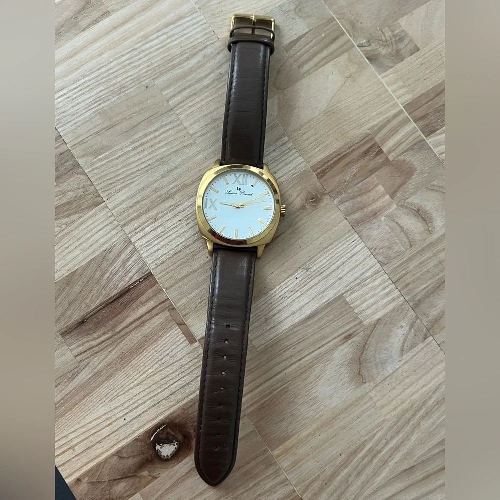 Lucien Piccard Luxury Large Gold-Tone Case Watch Brown Leather Strap White Dial